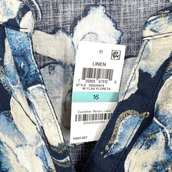 NEW NWT JM Collection SZ 16 100% LINEN Metallic Sparkly Blouse Shirt Top Blue - Picture 3 of 13